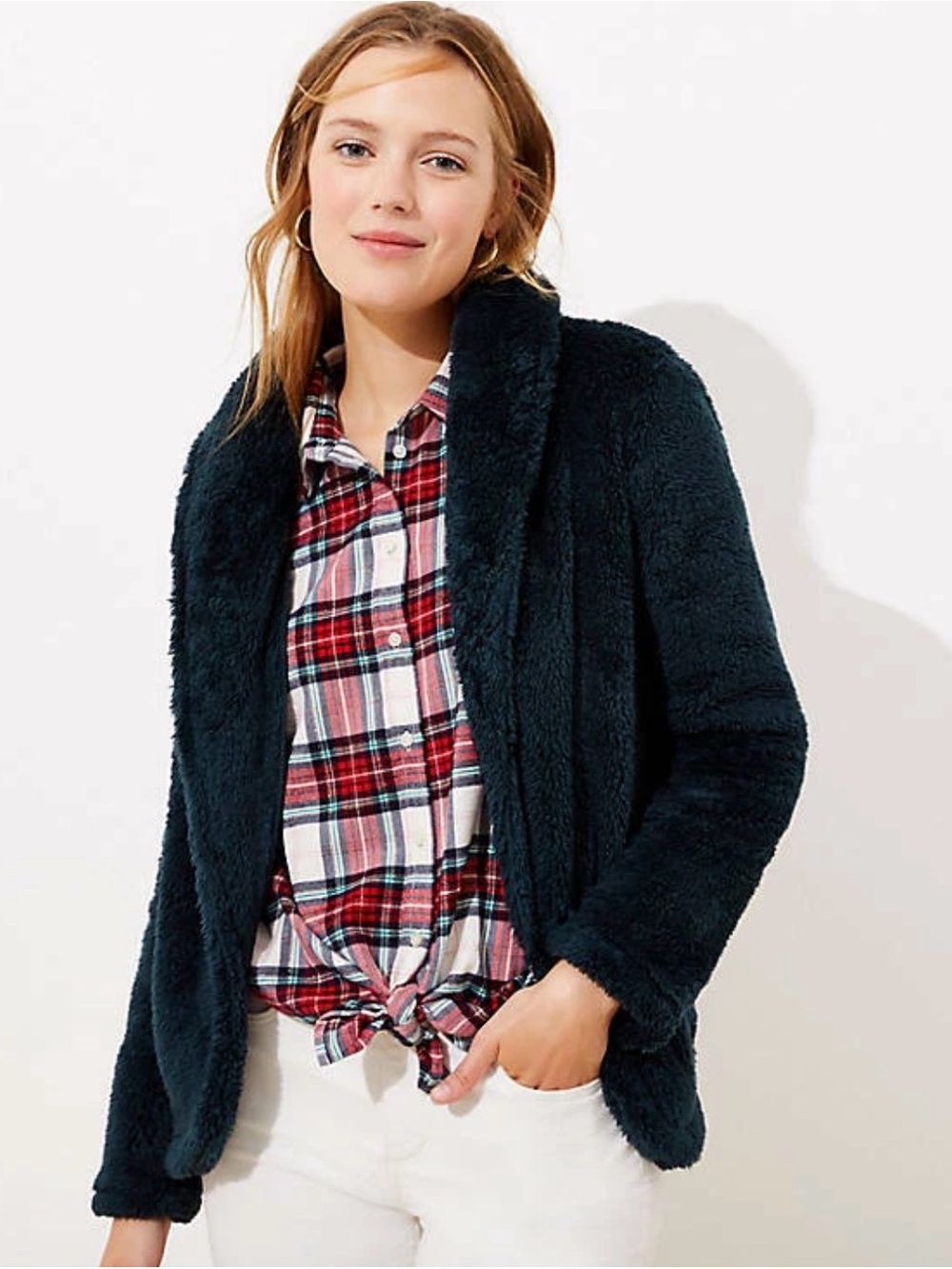Loft Faux Sherpa Shawl Collar Women's Fleece Jacket Small Teal - C54-116